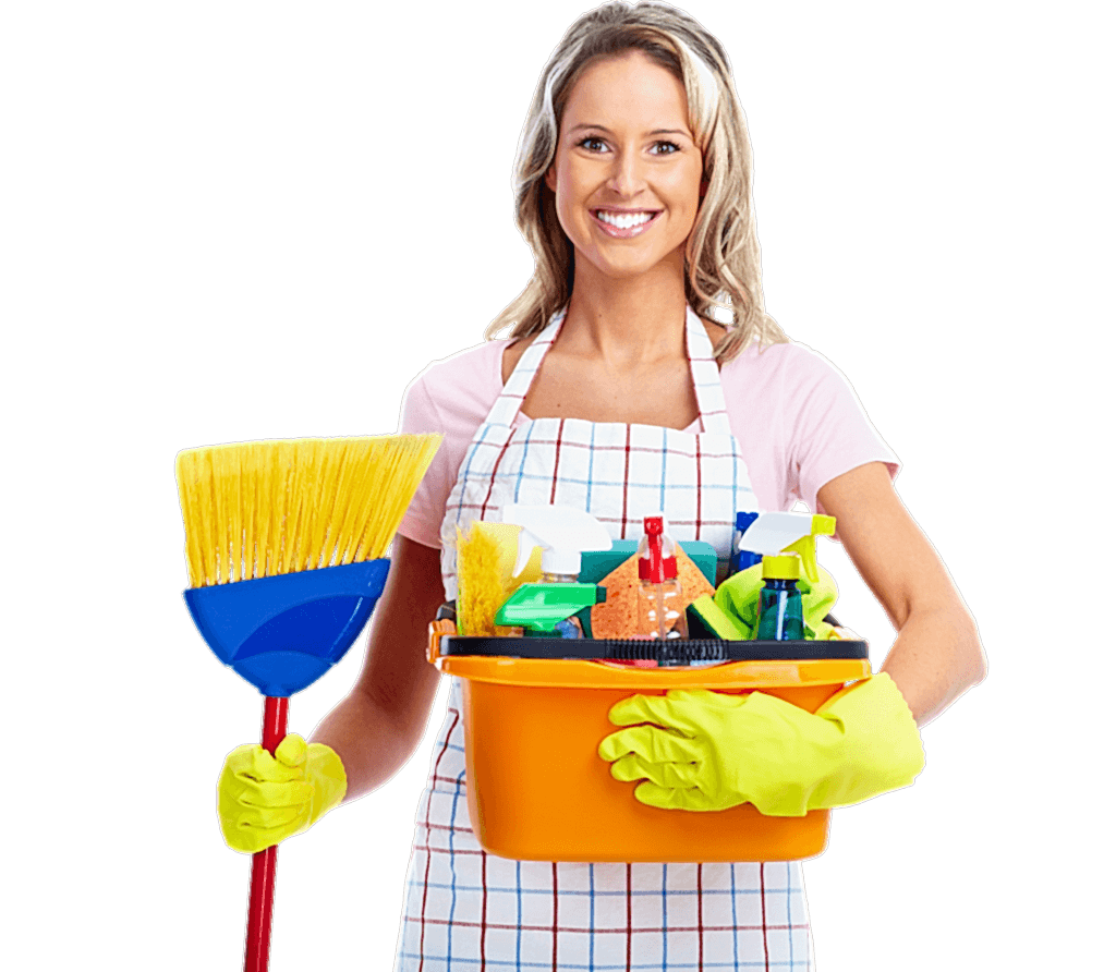 A woman holding a cleaning supplies bucket and mop.